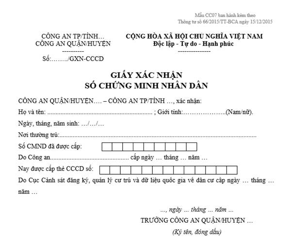 giấy xác nhận số CMND