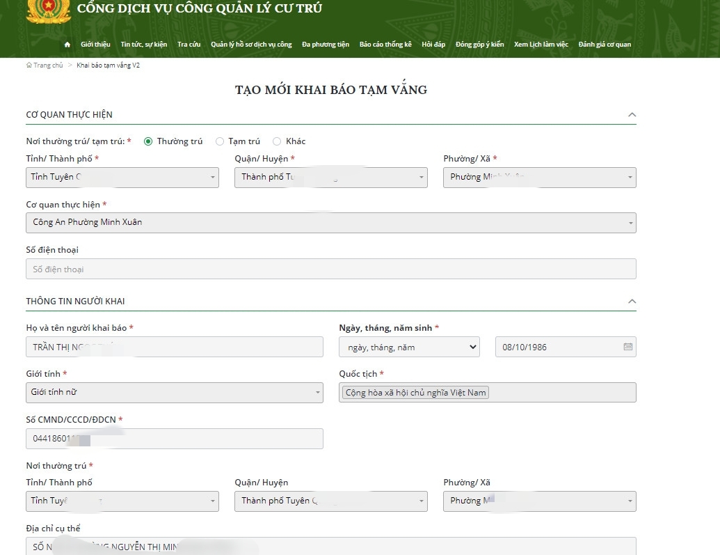 khai báo tạm vắng online