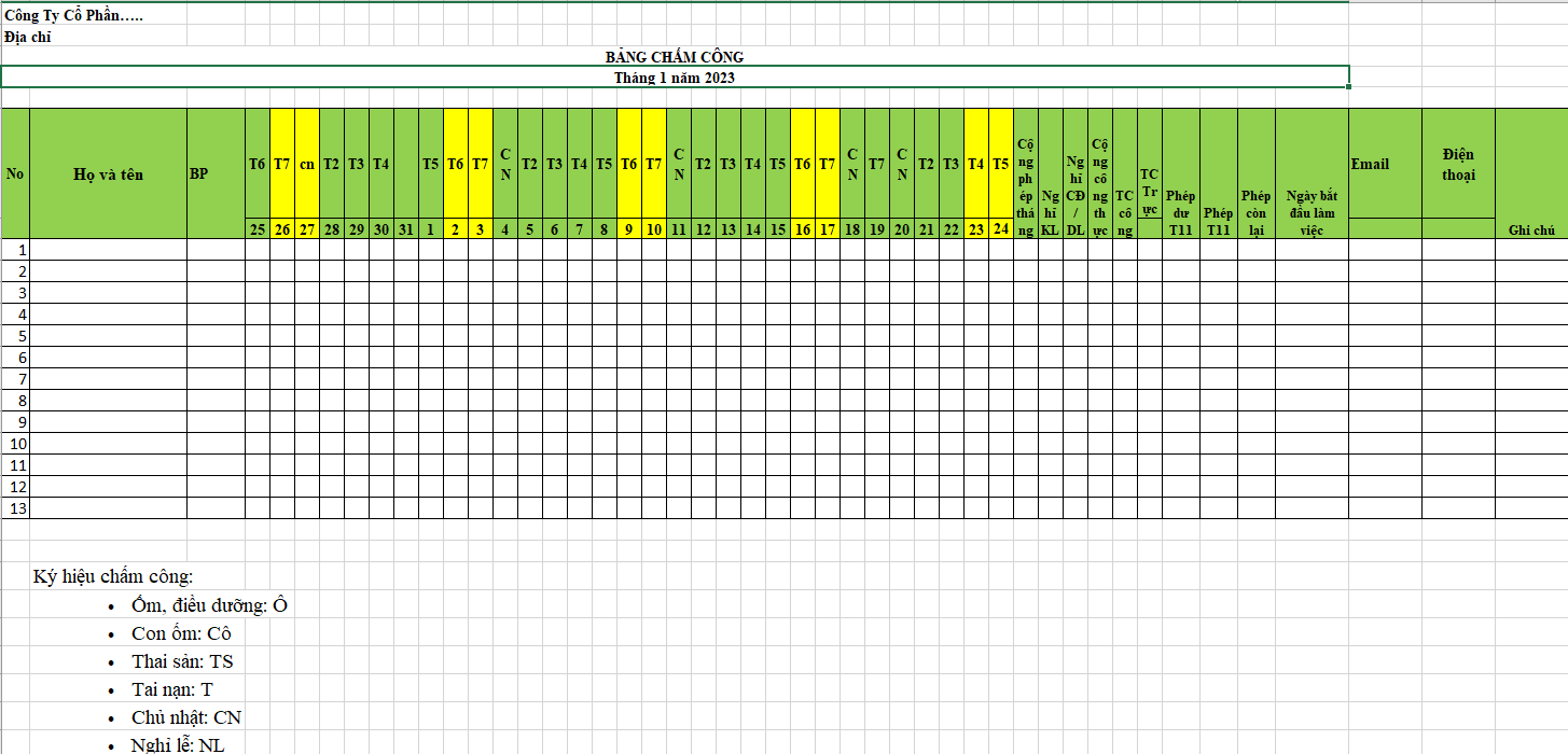 mẫu bảng chấm công mẫu bảng chấm công file excel dùng chung