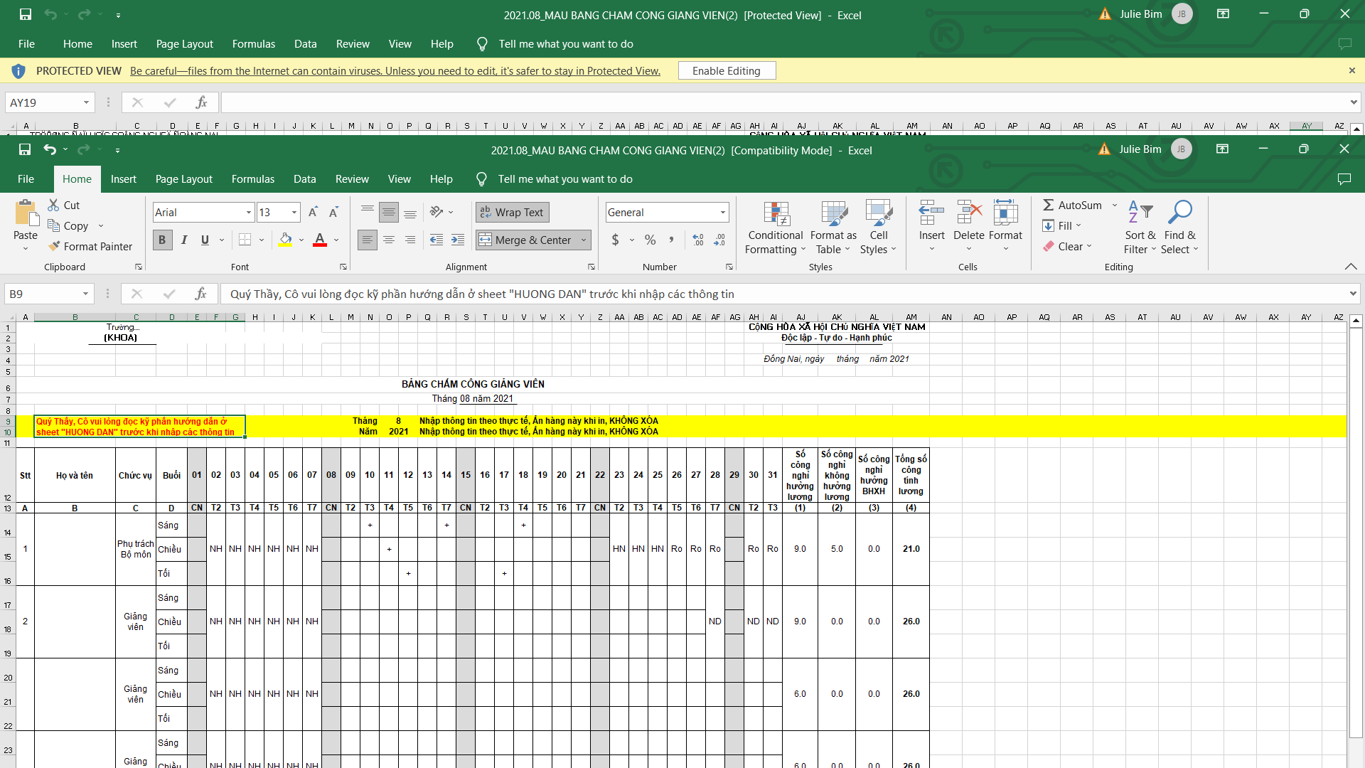 mẫu bảng chấm công mẫu bảng chấm công file excel cho giáo viên