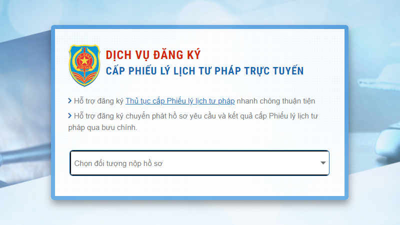 Giao diện trang đăng ký làm lý lịch tư pháp trực tuyến