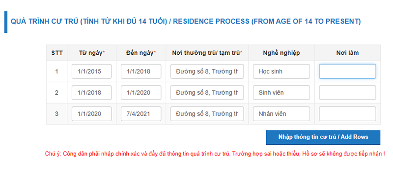 Nhập thông tin cư trú theo từng khoảng thời gian cụ thể