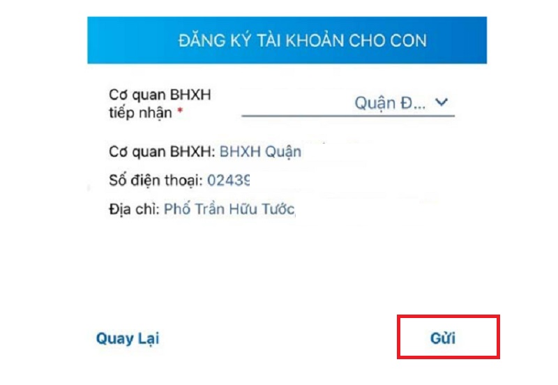 Nhấn Gửi để hoàn tất thao tác gửi hồ sơ đăng ký cho cơ quan BHXH