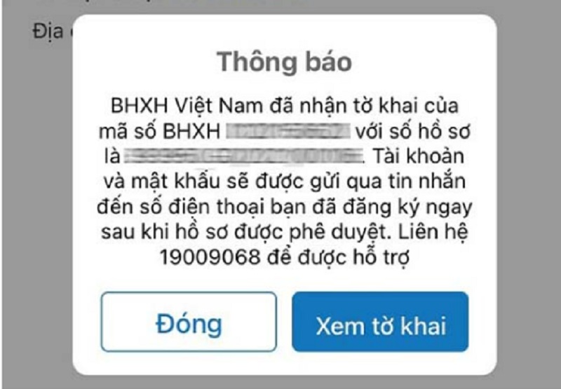 Nhấn Xem tờ khai để coi lại bản tờ khai đăng ký đã gửi cho cơ quan BHXH
