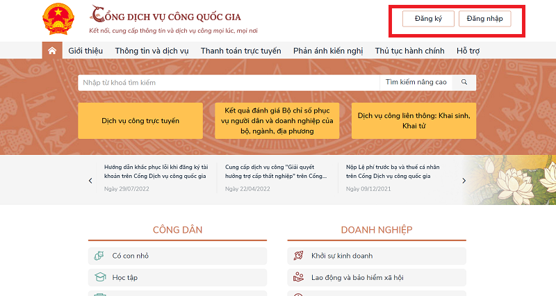 Đăng ký nếu chưa có tài khoản Chọn Đăng ký nếu bạn chưa có tài khoản trên Cổng dịch vụ công quốc gia
