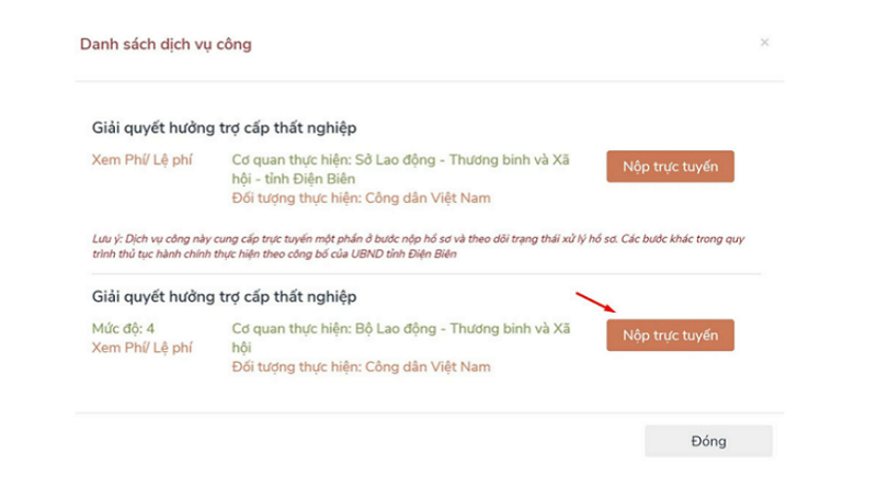 Chọn Nộp hồ sơ trực tuyến Chọn Nộp hồ sơ trực tuyến ở mục dịch vụ được thực hiện bởi Bộ lao động - Thương binh và Xã hội.