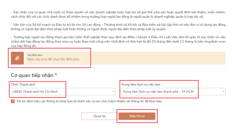 Nộp hồ sơ để hoàn tất thủ tục Sau khi tải file giấy tờ và chọn cơ quan tiếp nhận, nhấn Nộp hồ sơ để hoàn tất thủ tục
