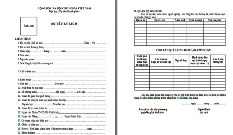 Mẫu sơ yếu lý lịch không dành cho cán bộ, công chức Mẫu sơ yếu lý lịch số 1