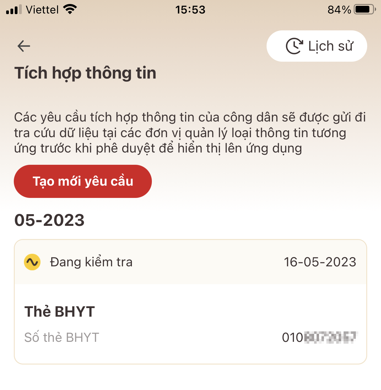 Trạng thái hồ sơ tích hợp sau khi gửi là  Trạng thái hồ sơ sau khi yêu cầu tích hợp thẻ bảo hiểm y tế vào căn cước