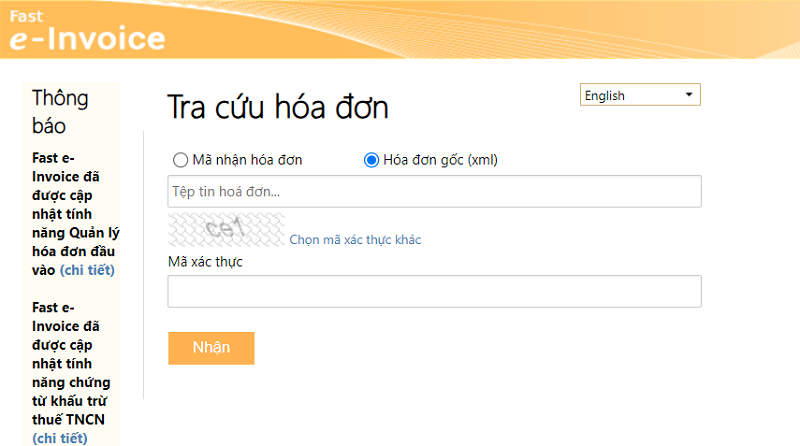Ấn nút Nhận để tiến hành tra cứu hóa đơn Sau khi nhập các thông tin yêu cầu, ta nhấn Nhận để tiến hành tra cứu hóa đơn