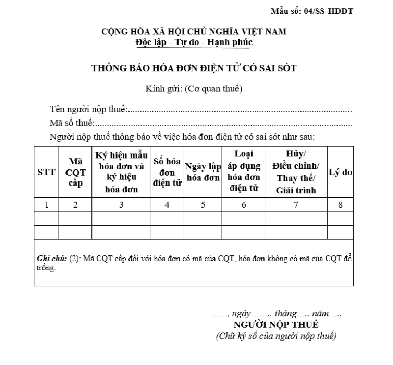 Mẫu đơn 04/SS-HĐĐT Mẫu đơn 04/SS-HĐĐT thông báo hóa đơn điện tử có sai sót