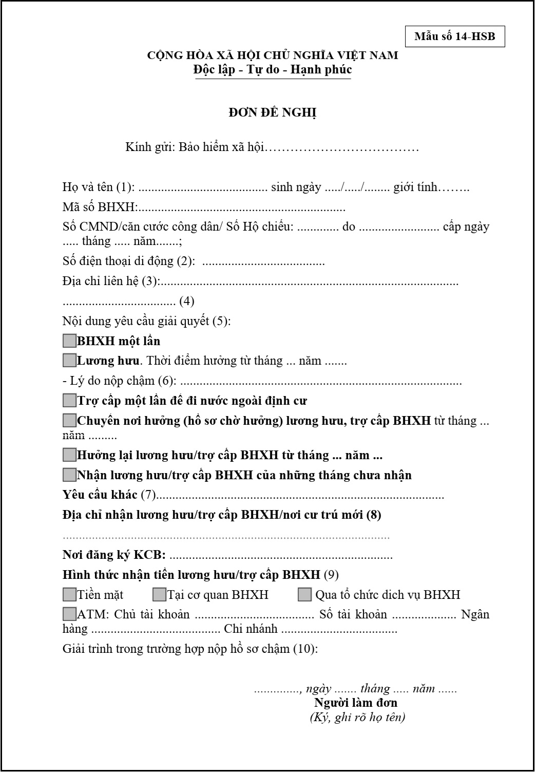 Mẫu Đơn đề nghị số 14-HSB