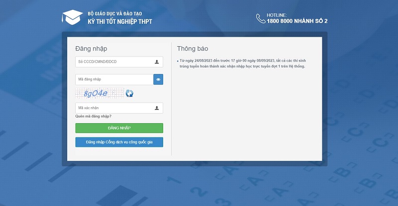 Giao diện website xác nhận nhập học
