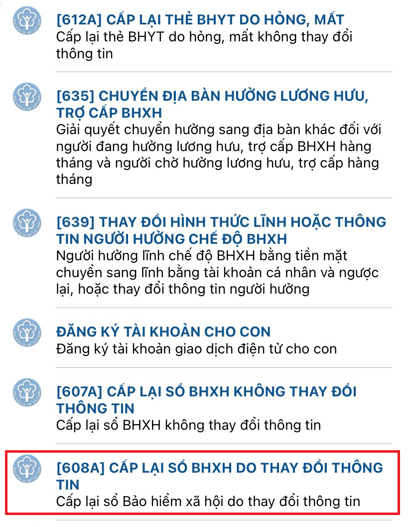 Chọn “Cấp lại sổ BHXH do thay đổi thông tin”