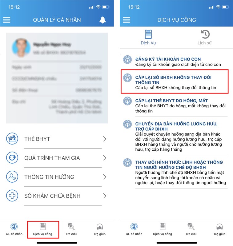 Thực hiện chọn mục “Câp lại sổ BHXH không thay đổi thông tin”