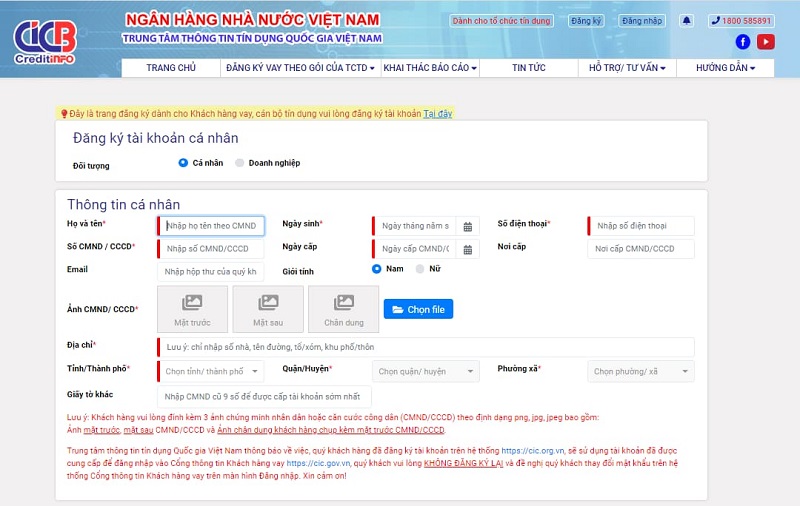 Kiểm tra nợ xấu Đăng ký tài khoản cá nhân CIC