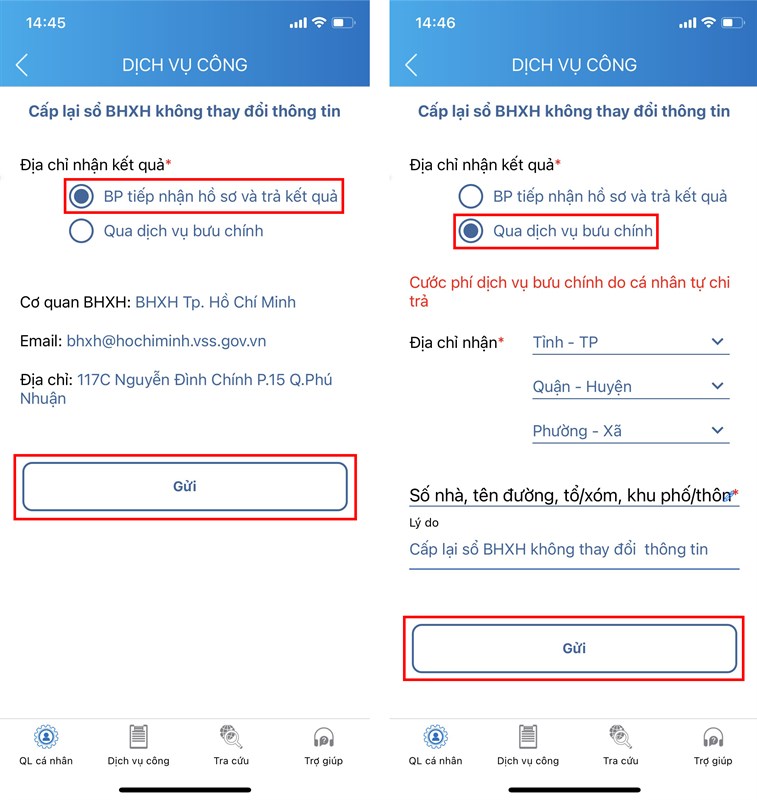 Lựa chọn hình thức nhận kết quả