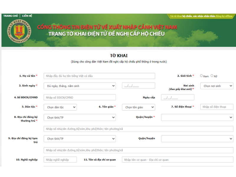 Điền thông tin tờ khai