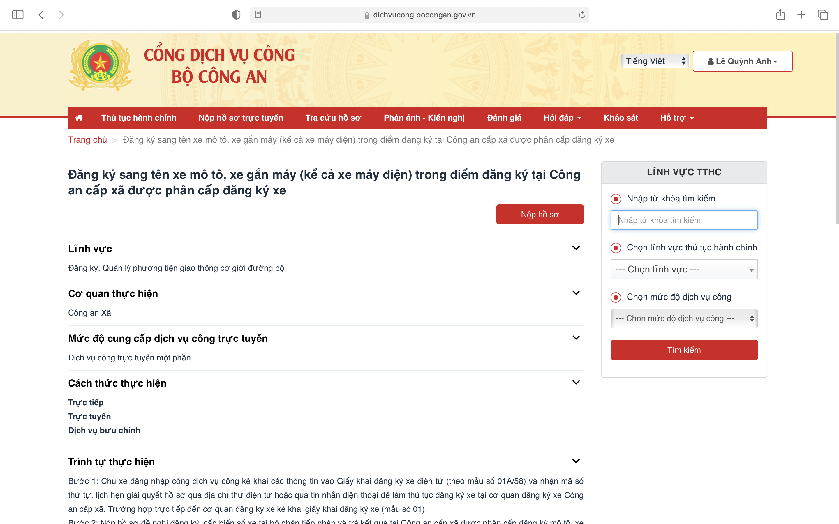 Chọn mục “Nộp hồ sơ trực tuyến”