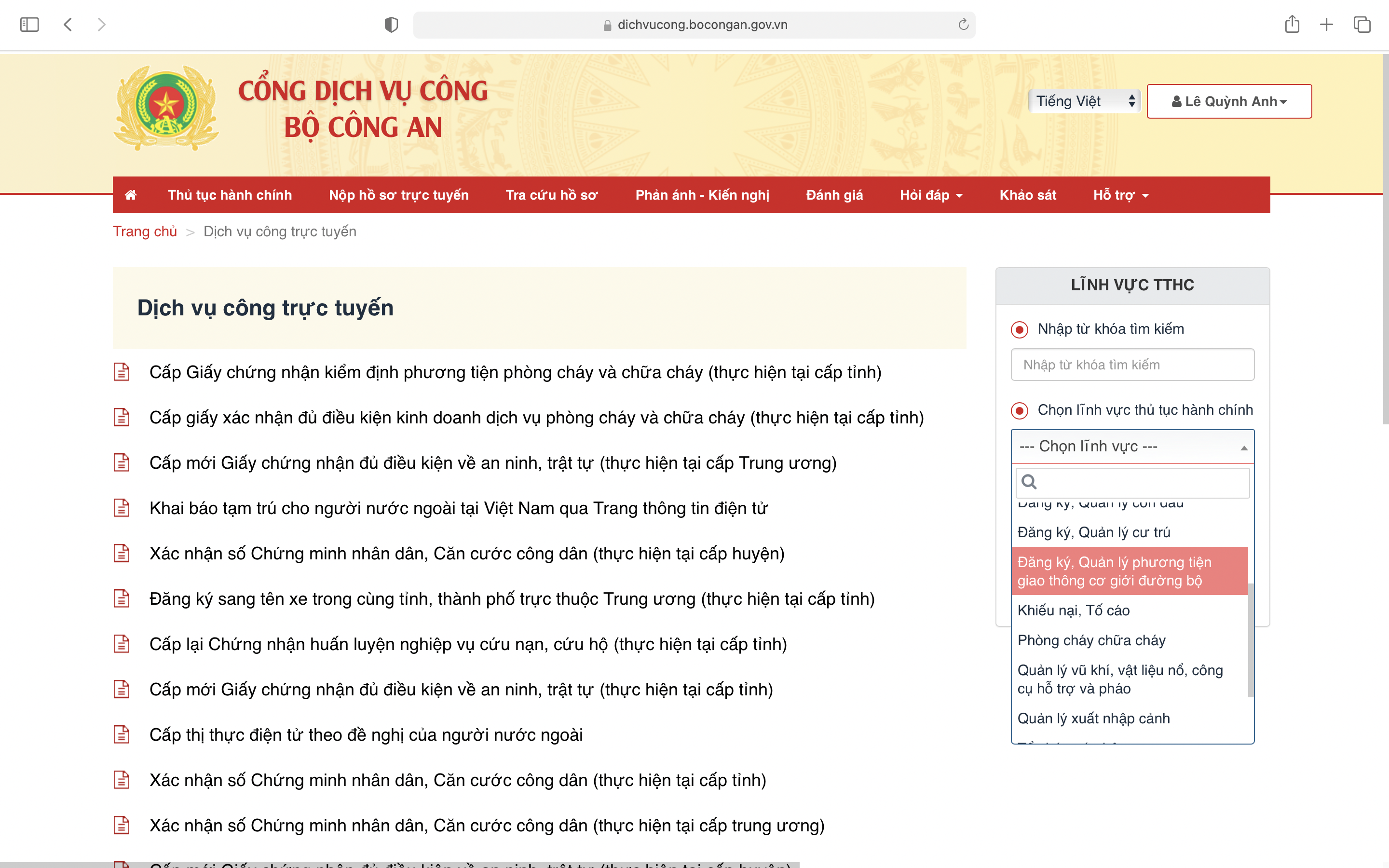 Chọn từ khoá và lĩnh vực TTHC