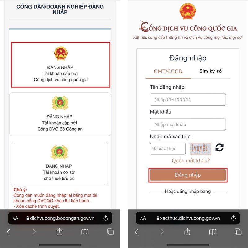 Đăng nhậpp tài khoản Cổng dịch vụ công