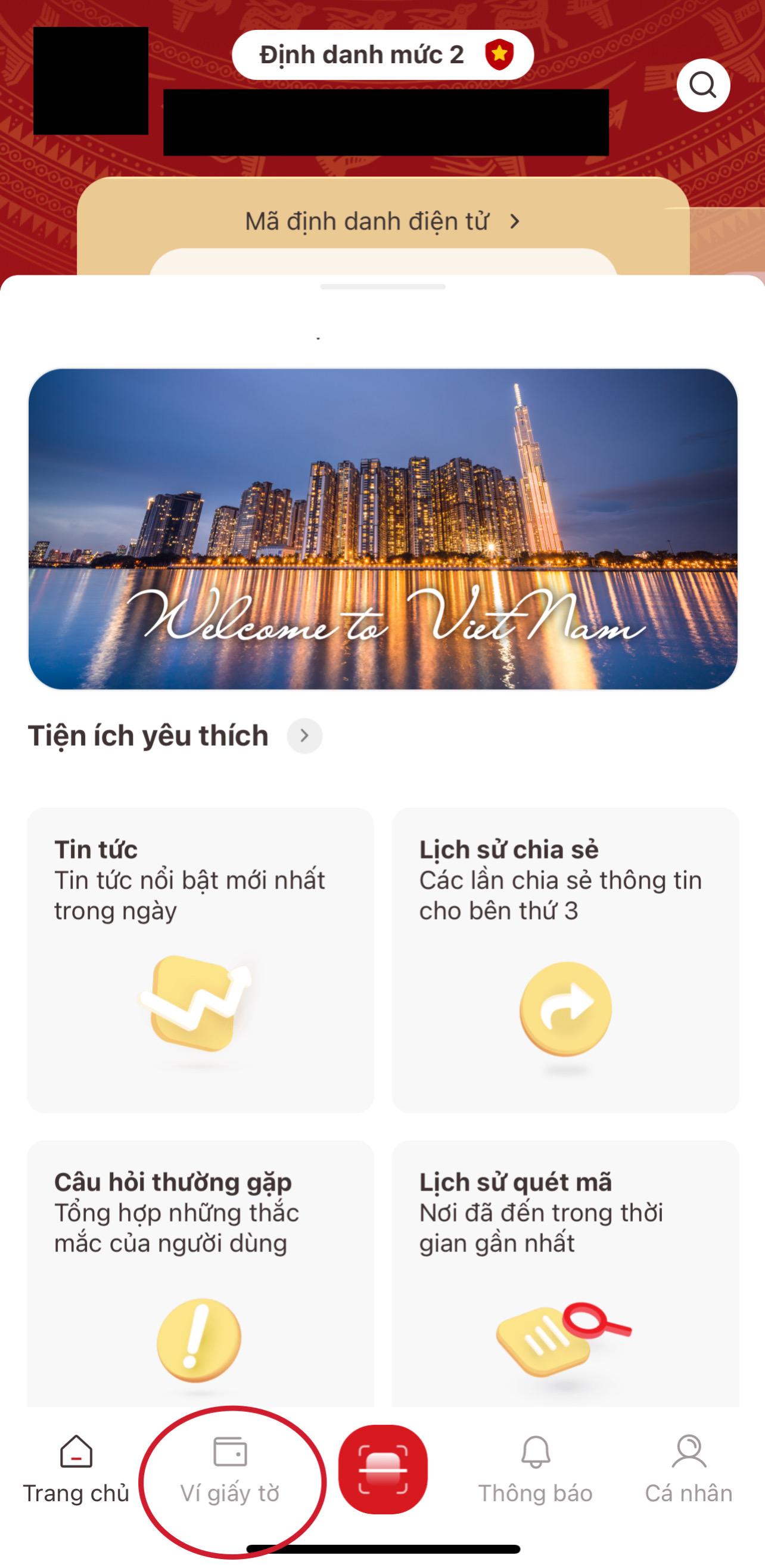 cách tích hợp giấy tờ xe vào vneid Chọn mục Ví giấy tờ tại ứng dụng VNeID