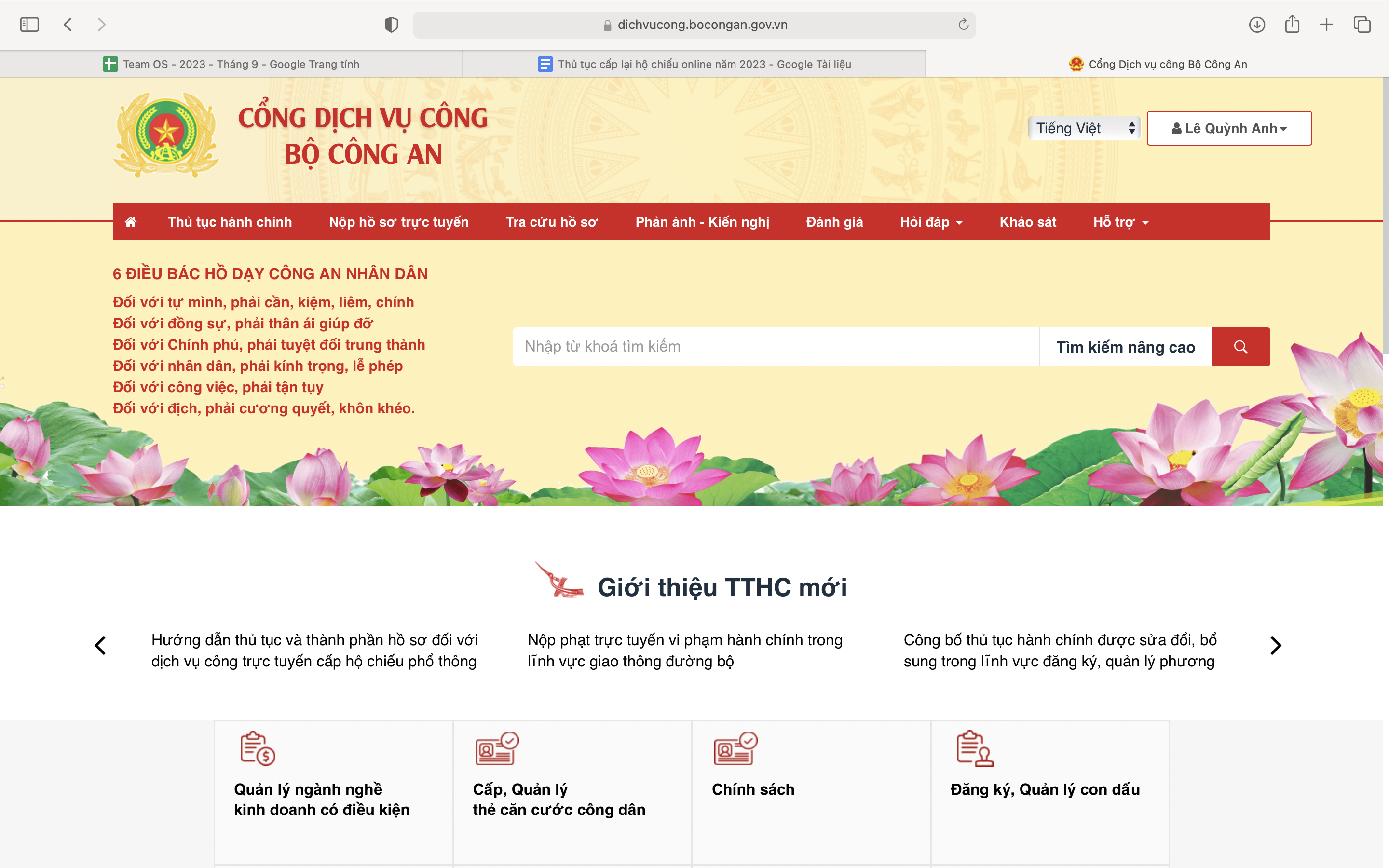 Chọn mục “Thủ tục hành chính”