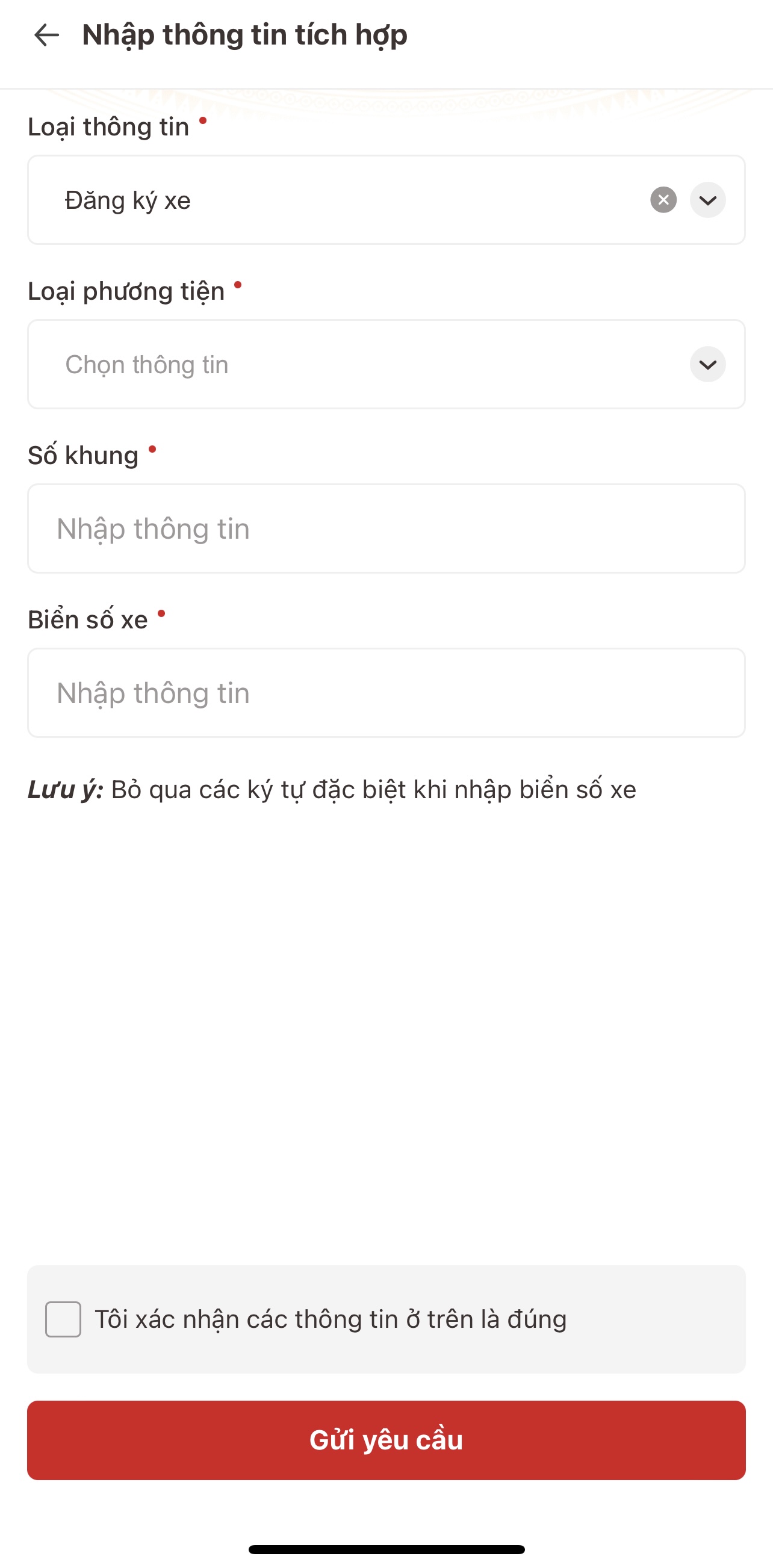 cách tích hợp giấy tờ xe vào vneid Điền thông tin và nhấn Gửi yêu cầu