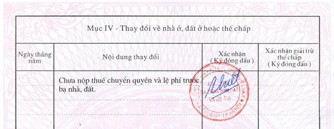 Thông tin ghi nợ lệ phí trước bạ trên Giấy chứng nhận