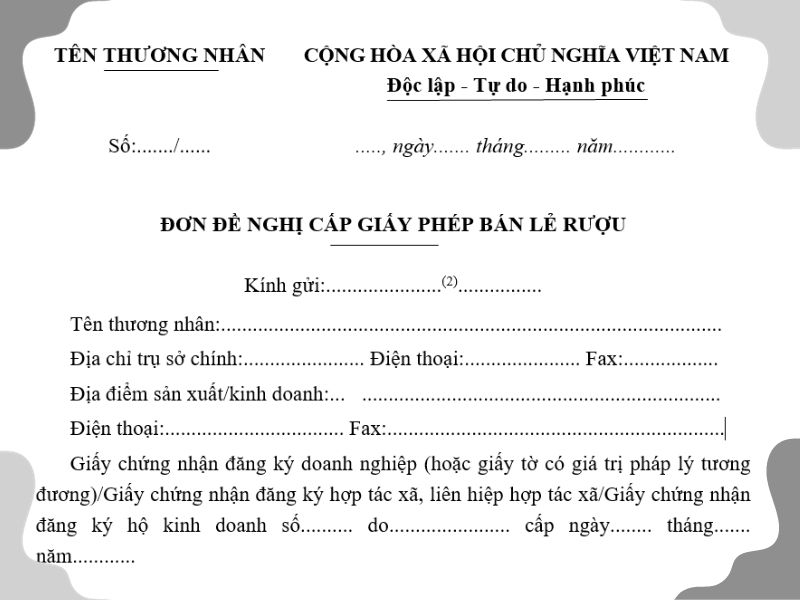 giấy phép bán lẻ rượu Đơn đề nghị cấp Giấy phép bán lẻ rượu