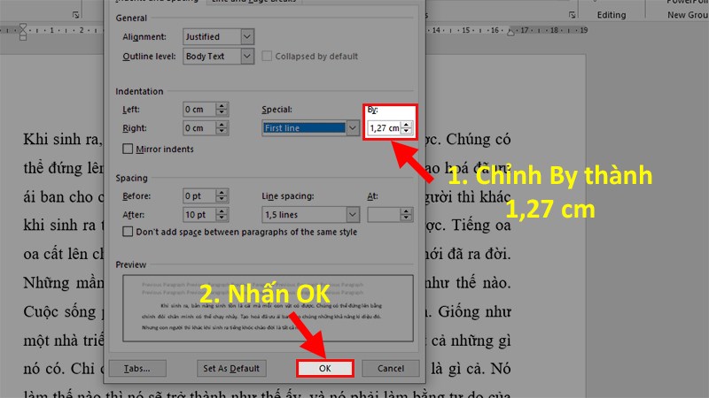 Điều chỉnh khoảng cách thụt đầu dòng ở mục By