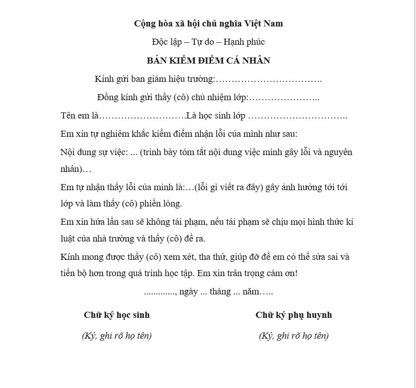 Mẫu bản kiểm điểm dành cho học sinh - Mẫu số 1