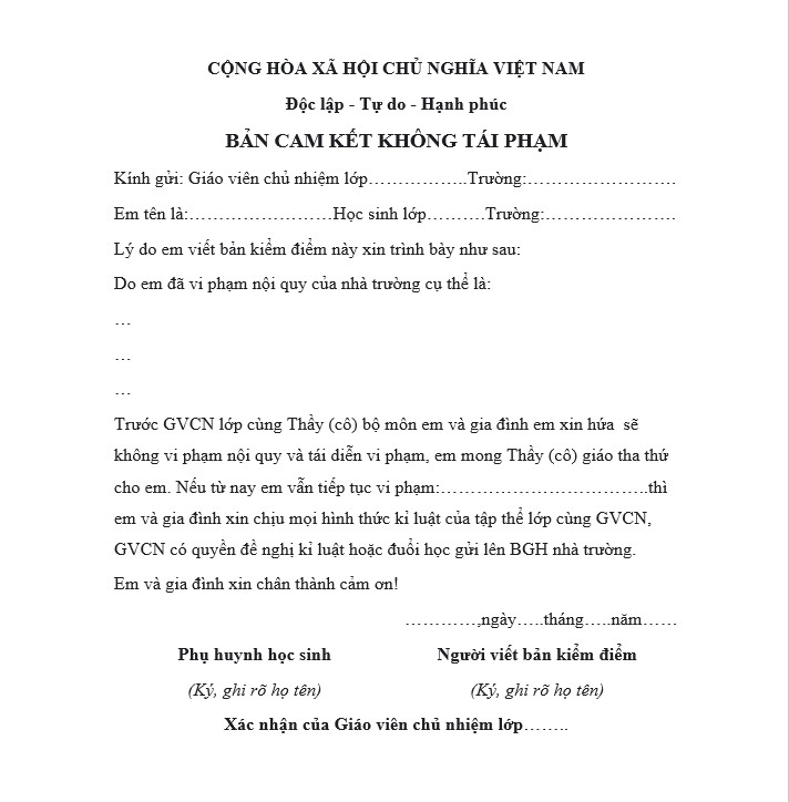 Mẫu bản kiểm điểm dành cho học sinh - Mẫu số 2
