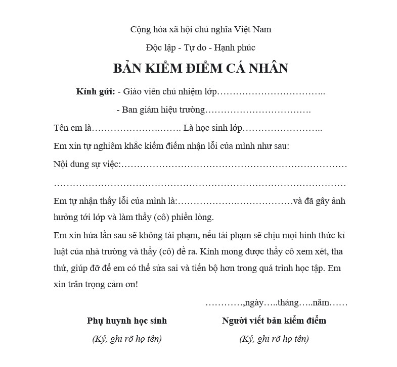 Mẫu bản kiểm điểm dành cho học sinh - Mẫu số 3