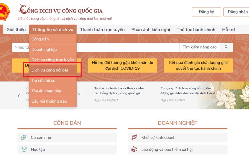 chứng thực điện tử là gì Bấm chọn “Dịch vụ công nổi bật”