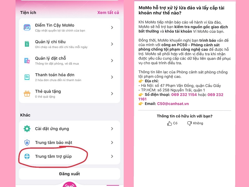 Khiếu nại tại chức năng trợ giúp trên ứng dụng về giao dịch do bị lừa đảo