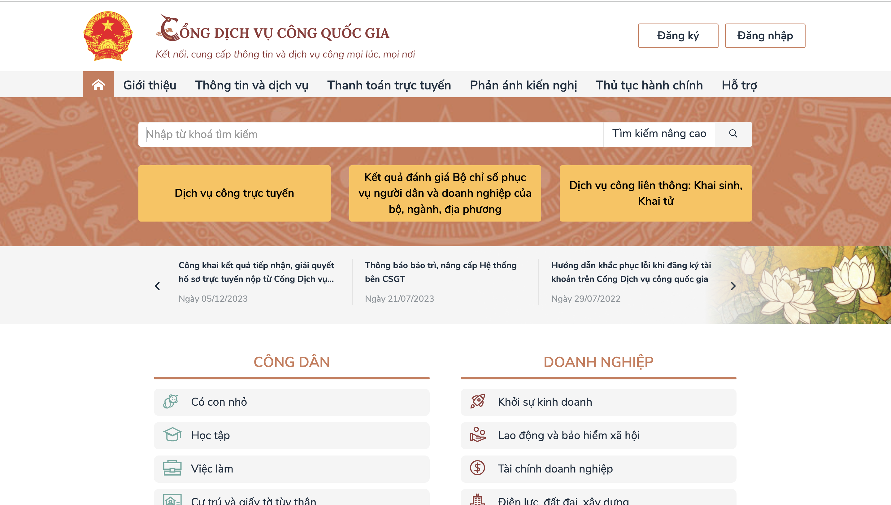 Đăng nhập tài khoản Dịch vụ công Quốc gia