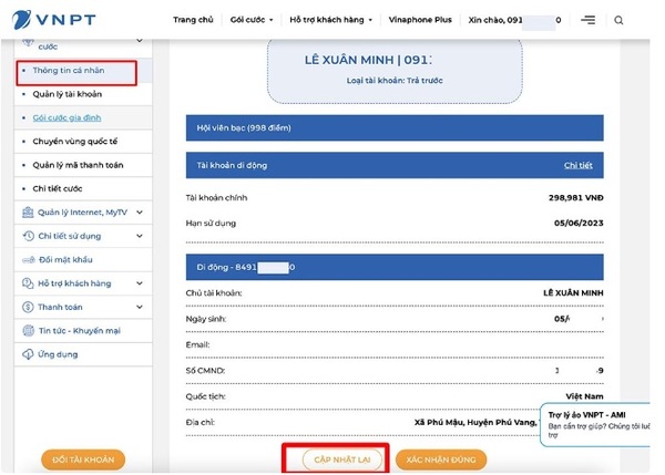 Chọn đăng ký thông tin cá nhân