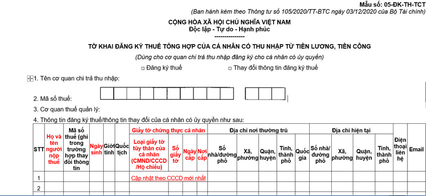 Tờ khai cập nhật thông tin đăng ký thuế
