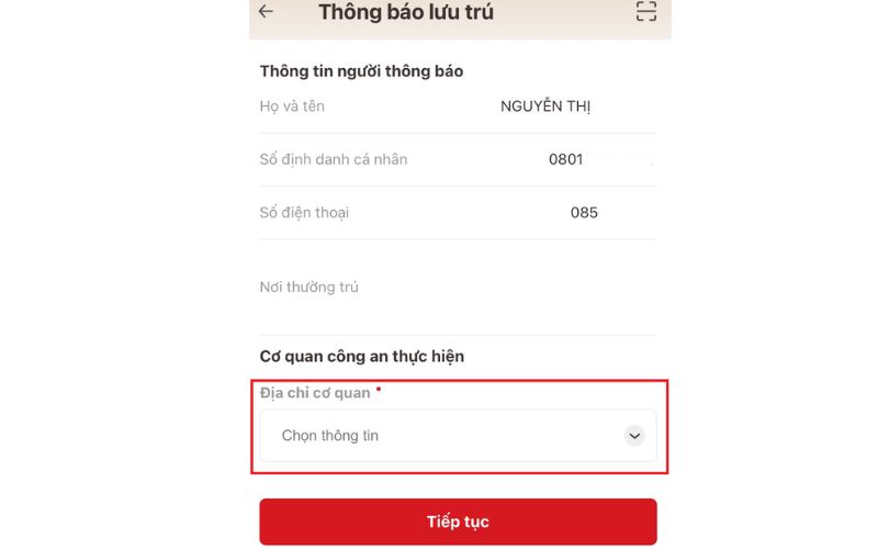 Chọn cơ quan thông báo lưu trú