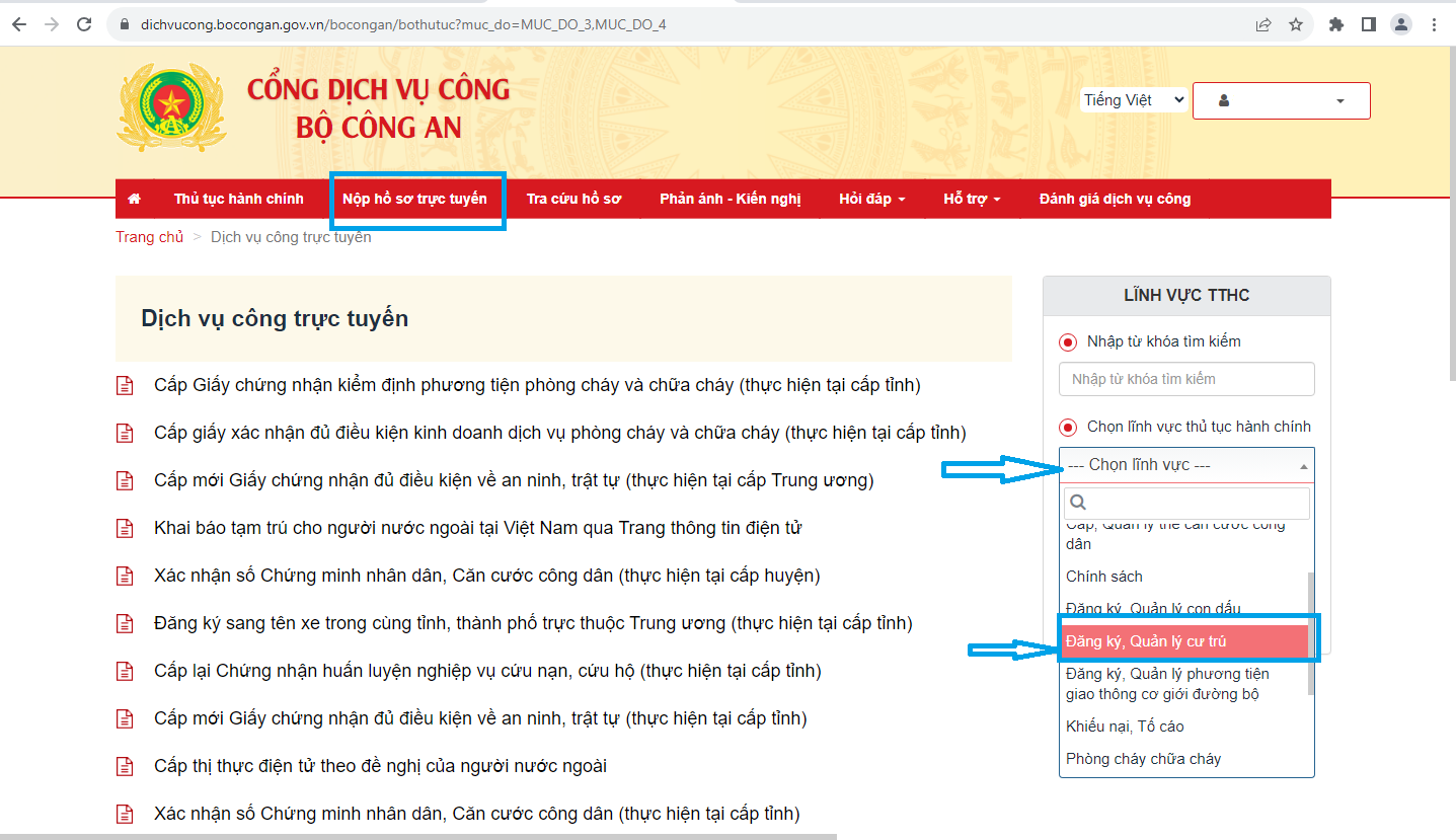 Chọn nộp hồ sơ trực tuyến