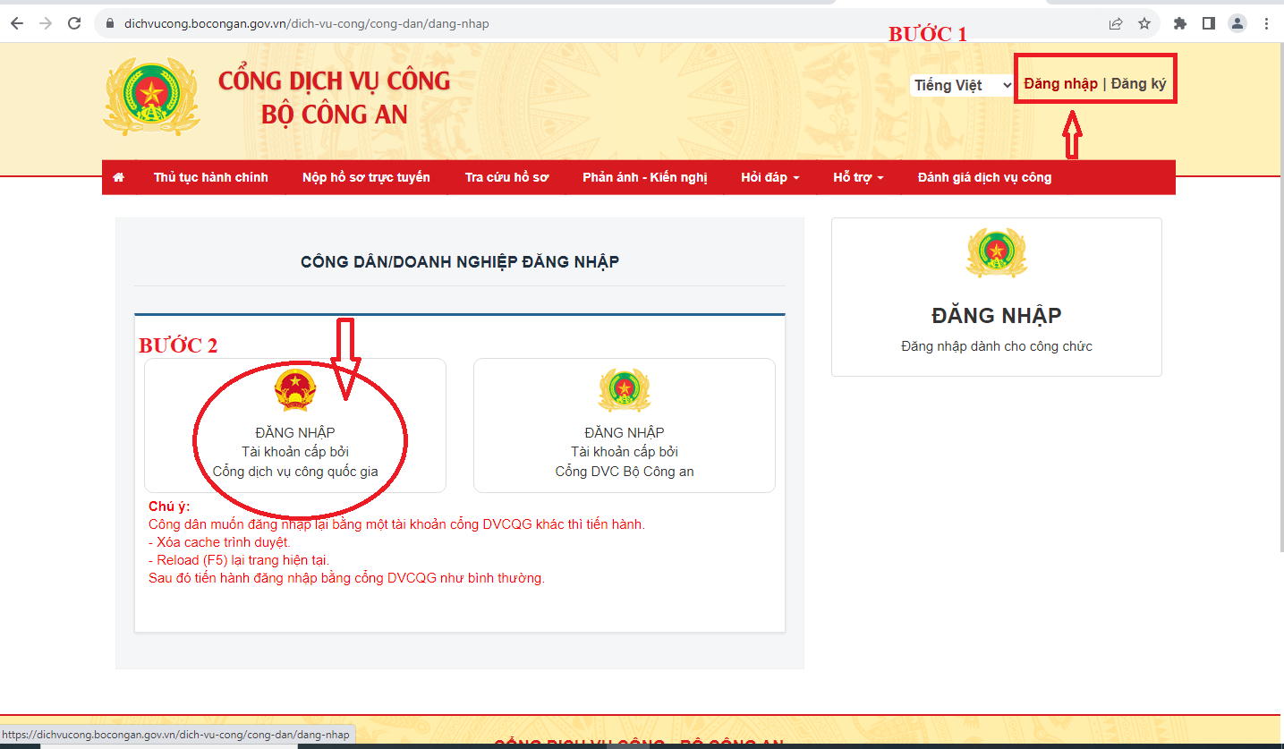 Đăng nhập tài khoản dịch vụ công quốc gia