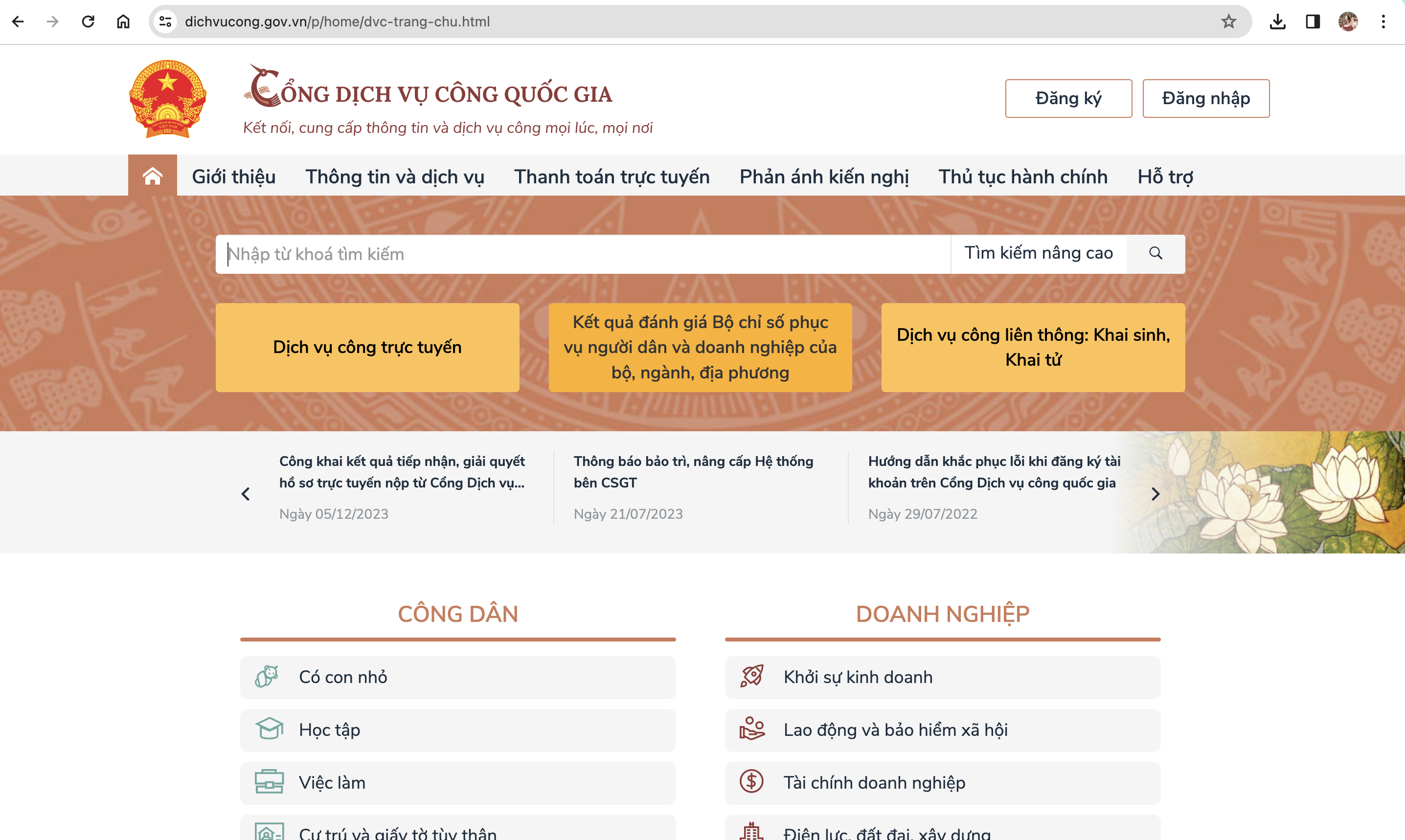 Đăng nhập tài khoản Dịch vụ công