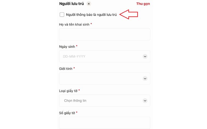 Nhập thông tin người lưu trú để thông báo